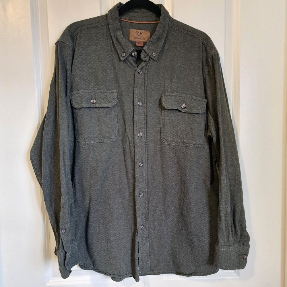Outdoor Life Long Sleeve Shirt Green Casual Button Down Shirt Cotton Comfy SZ XL